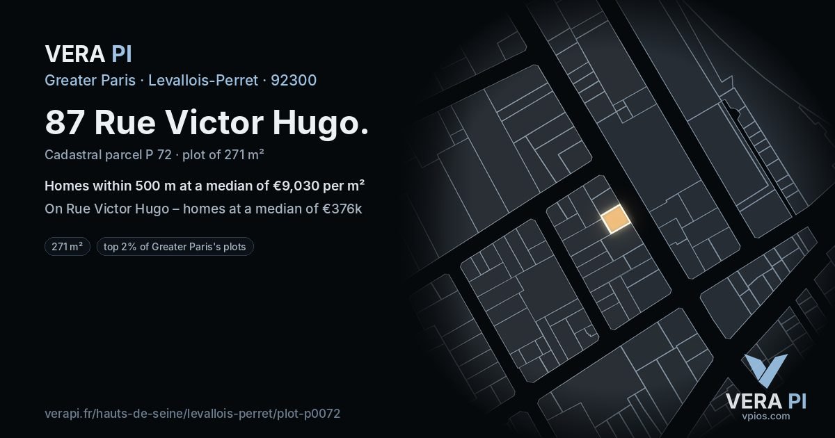 87 Rue Victor Hugo, Levallois-Perret at night – the plot lit, the parcels around coloured by the prices near them