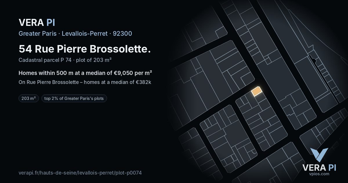 54 Rue Pierre Brossolette, Levallois-Perret at night – the plot lit, the parcels around coloured by the prices near them