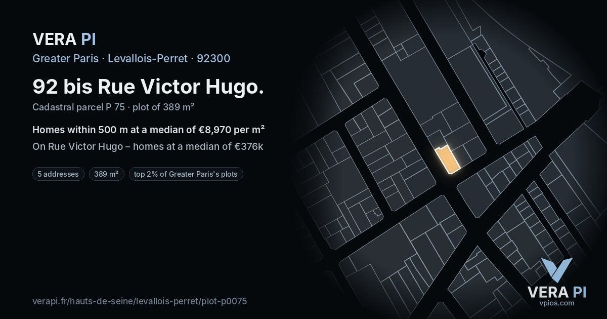 92 bis Rue Victor Hugo, Levallois-Perret at night – the plot lit, the parcels around coloured by the prices near them