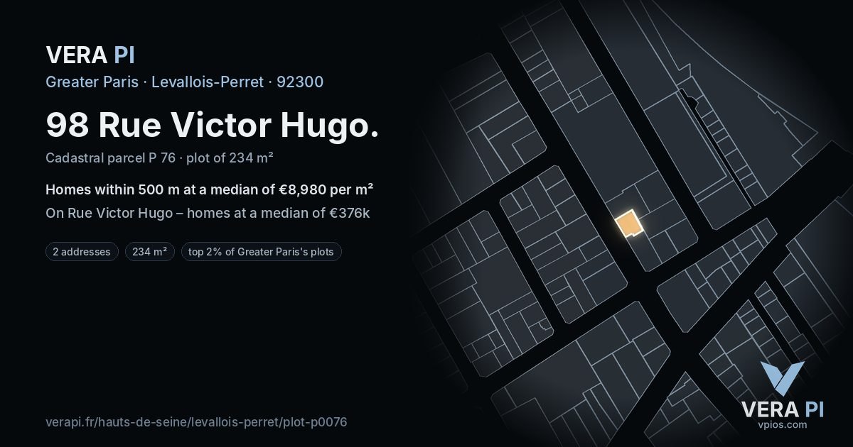98 Rue Victor Hugo, Levallois-Perret at night – the plot lit, the parcels around coloured by the prices near them