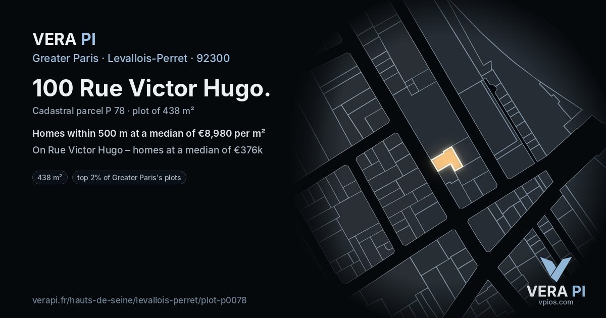 100 Rue Victor Hugo, Levallois-Perret at night – the plot lit, the parcels around coloured by the prices near them