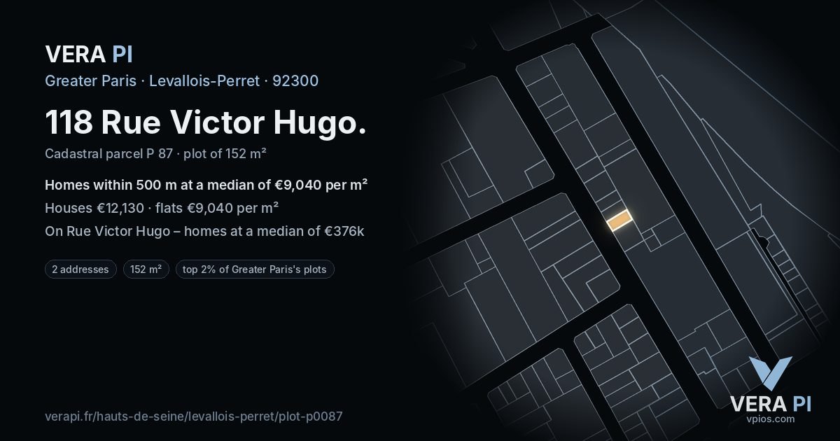 118 Rue Victor Hugo, Levallois-Perret at night – the plot lit, the parcels around coloured by the prices near them