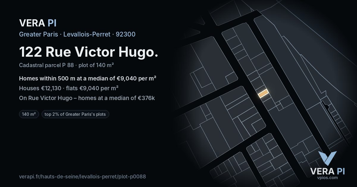 122 Rue Victor Hugo, Levallois-Perret at night – the plot lit, the parcels around coloured by the prices near them