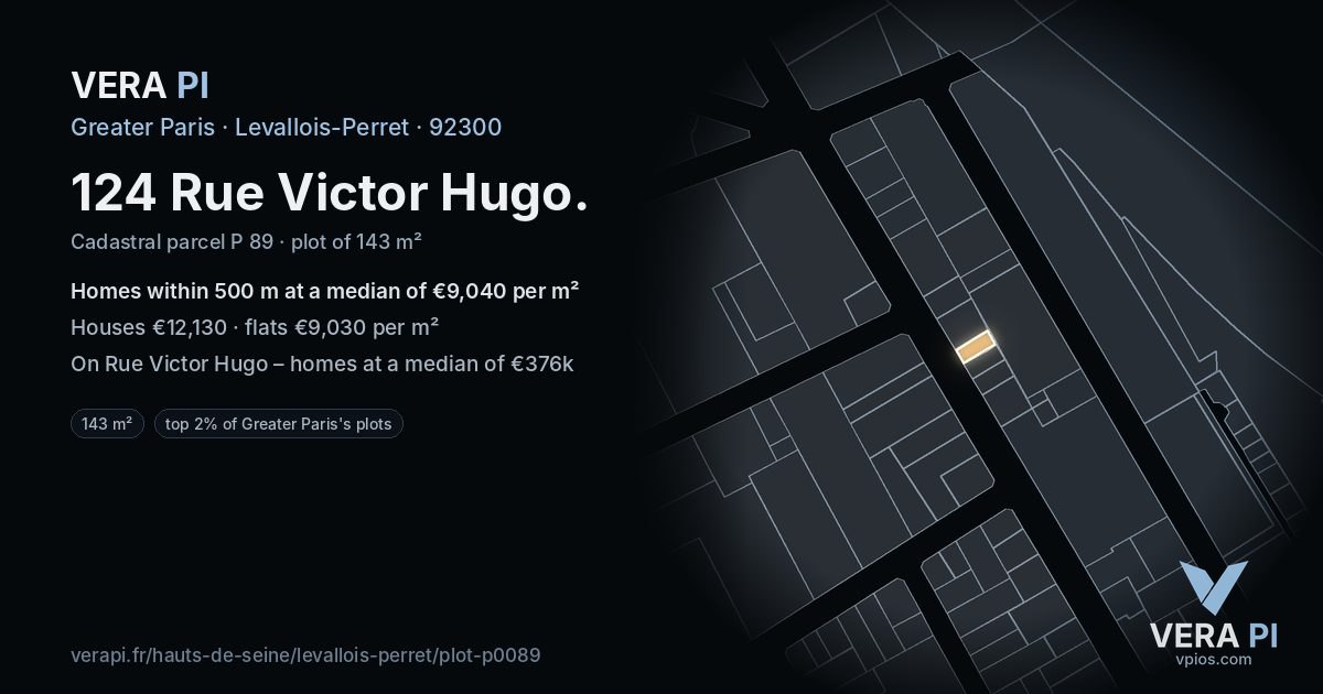 124 Rue Victor Hugo, Levallois-Perret at night – the plot lit, the parcels around coloured by the prices near them