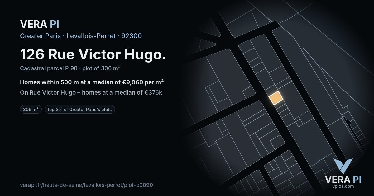 126 Rue Victor Hugo, Levallois-Perret at night – the plot lit, the parcels around coloured by the prices near them