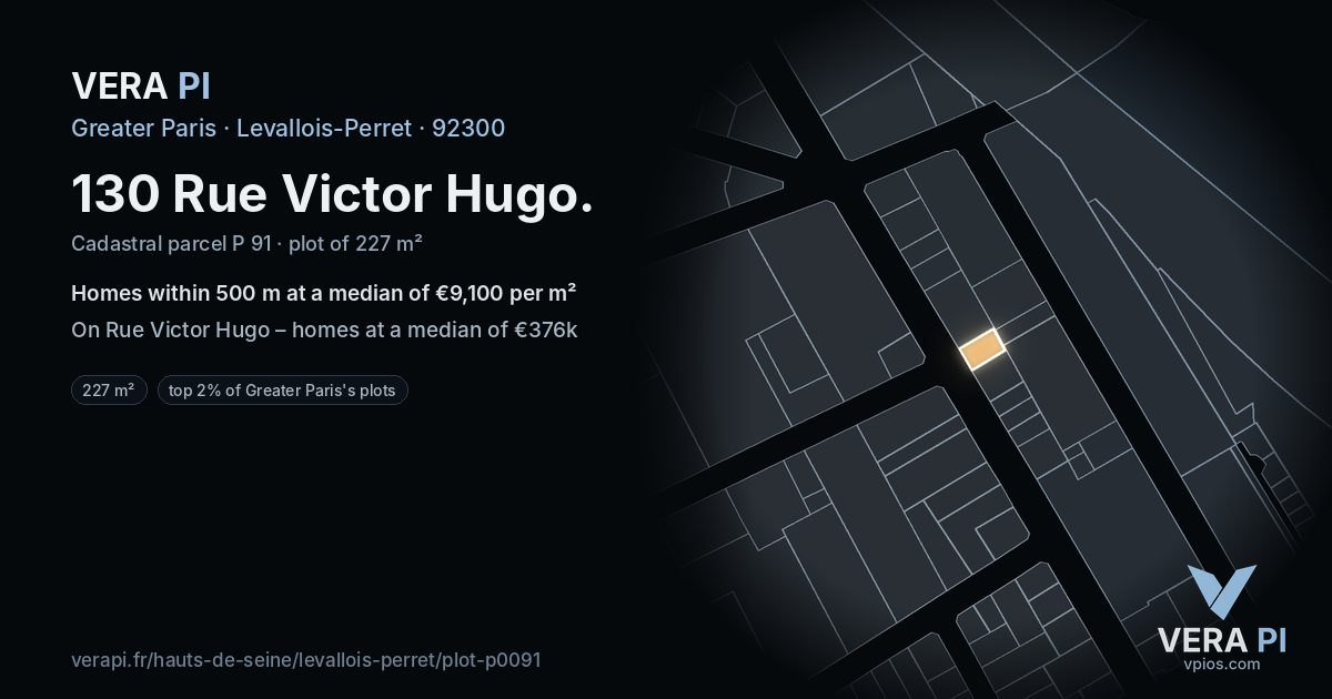 130 Rue Victor Hugo, Levallois-Perret at night – the plot lit, the parcels around coloured by the prices near them