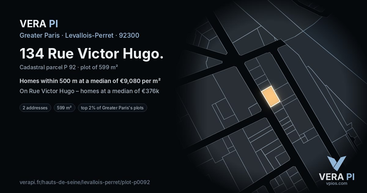 134 Rue Victor Hugo, Levallois-Perret at night – the plot lit, the parcels around coloured by the prices near them