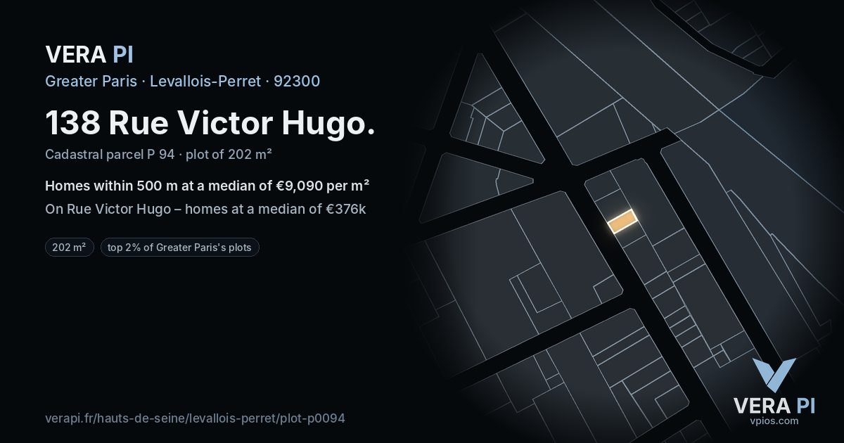 138 Rue Victor Hugo, Levallois-Perret at night – the plot lit, the parcels around coloured by the prices near them