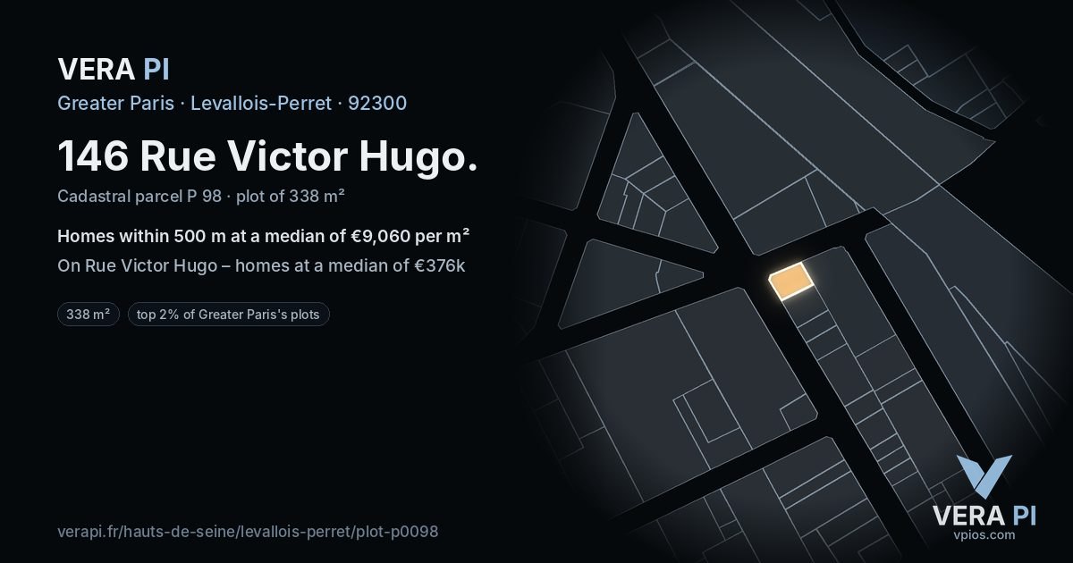 146 Rue Victor Hugo, Levallois-Perret at night – the plot lit, the parcels around coloured by the prices near them