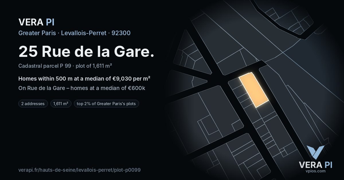 25 Rue de la Gare, Levallois-Perret at night – the plot lit, the parcels around coloured by the prices near them