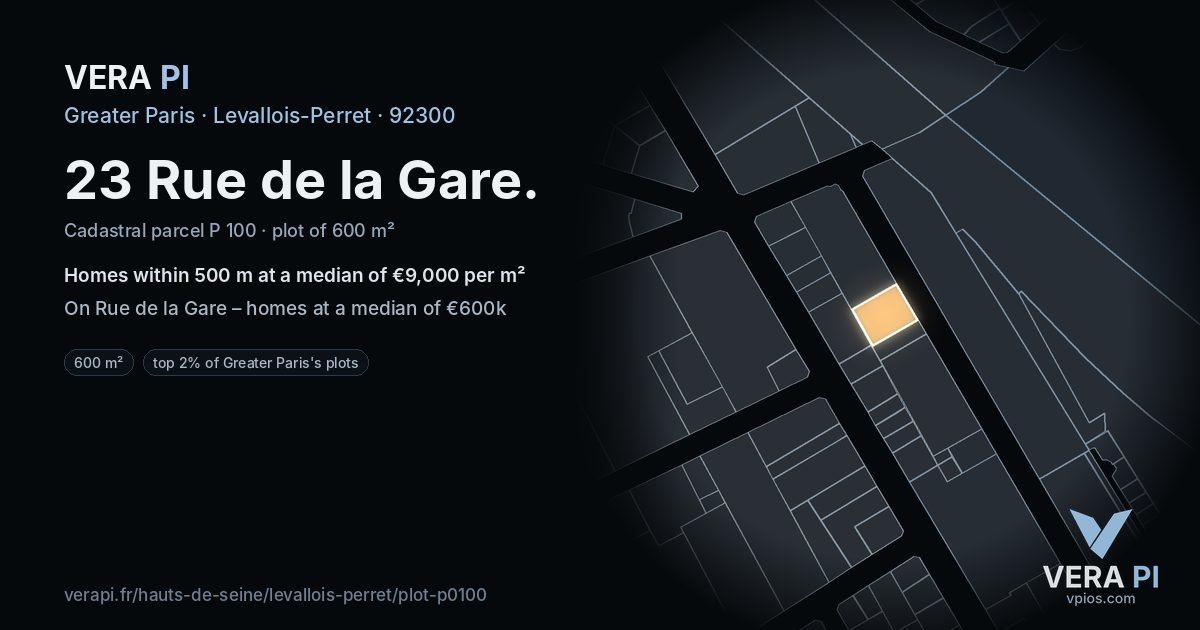 23 Rue de la Gare, Levallois-Perret at night – the plot lit, the parcels around coloured by the prices near them
