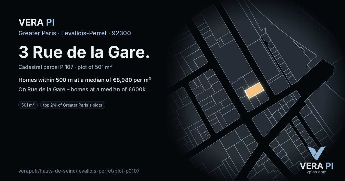 3 Rue de la Gare, Levallois-Perret at night – the plot lit, the parcels around coloured by the prices near them