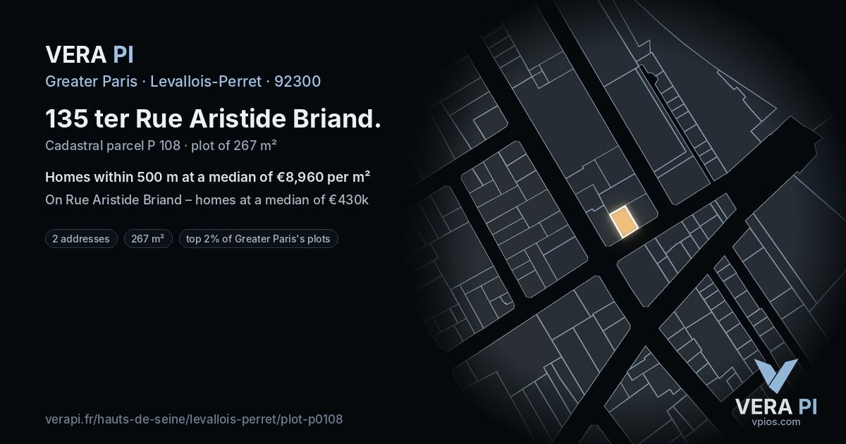 135 ter Rue Aristide Briand, Levallois-Perret at night – the plot lit, the parcels around coloured by the prices near them