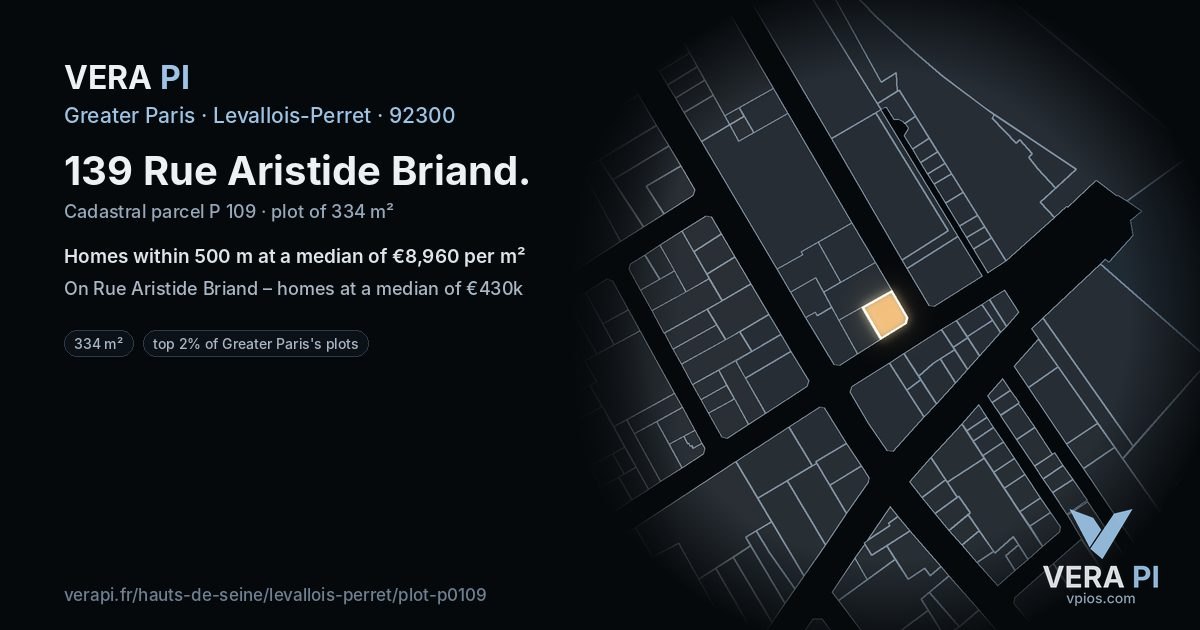 139 Rue Aristide Briand, Levallois-Perret at night – the plot lit, the parcels around coloured by the prices near them