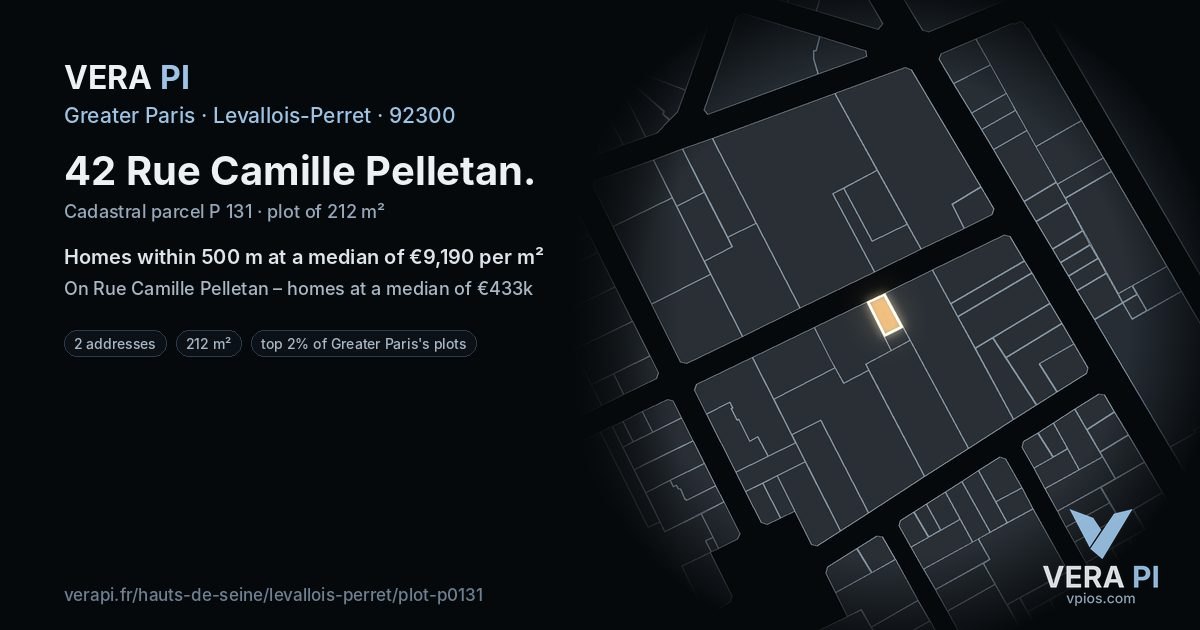 42 Rue Camille Pelletan, Levallois-Perret at night – the plot lit, the parcels around coloured by the prices near them