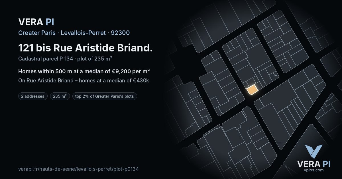 121 bis Rue Aristide Briand, Levallois-Perret at night – the plot lit, the parcels around coloured by the prices near them