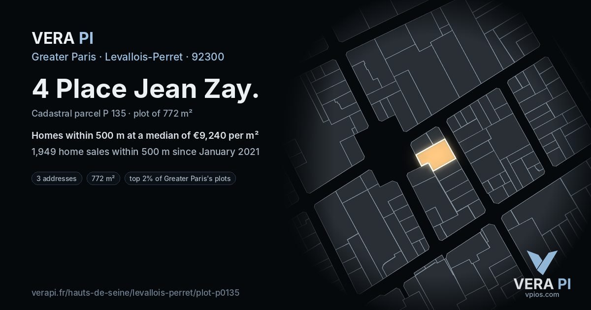 4 Place Jean Zay, Levallois-Perret at night – the plot lit, the parcels around coloured by the prices near them