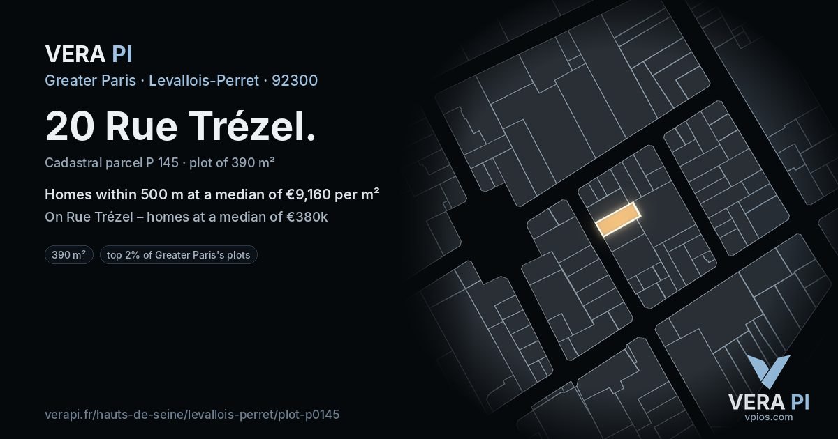 20 Rue Trézel, Levallois-Perret at night – the plot lit, the parcels around coloured by the prices near them