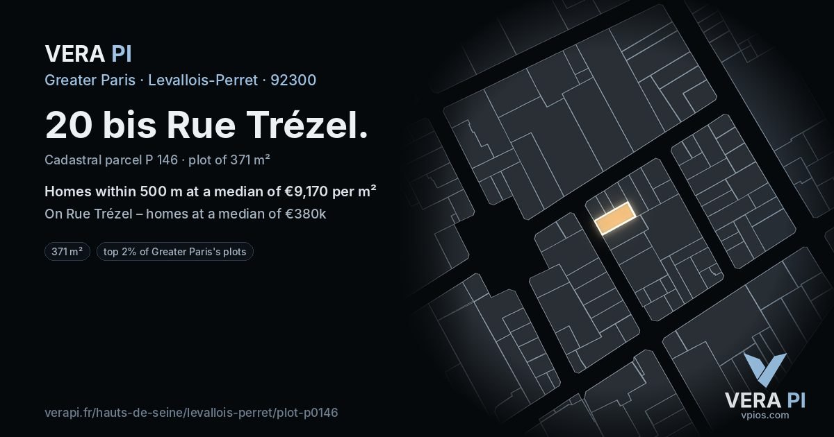 20 bis Rue Trézel, Levallois-Perret at night – the plot lit, the parcels around coloured by the prices near them