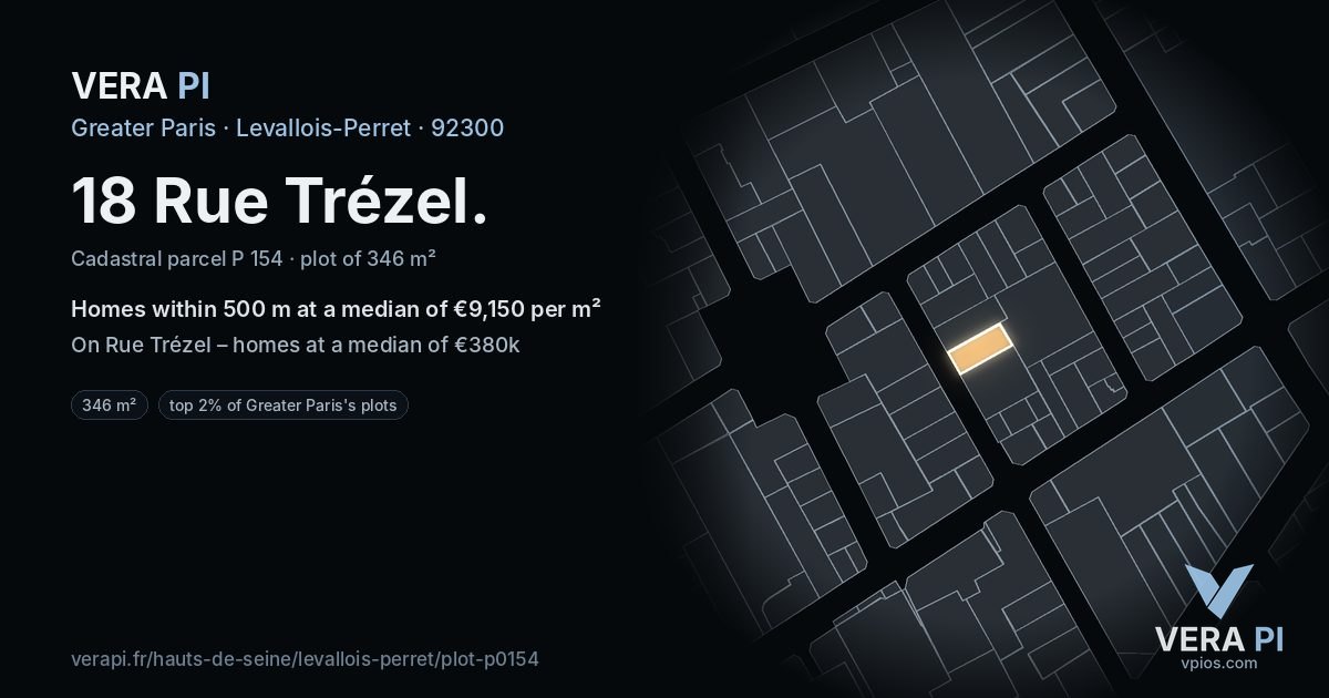 18 Rue Trézel, Levallois-Perret at night – the plot lit, the parcels around coloured by the prices near them