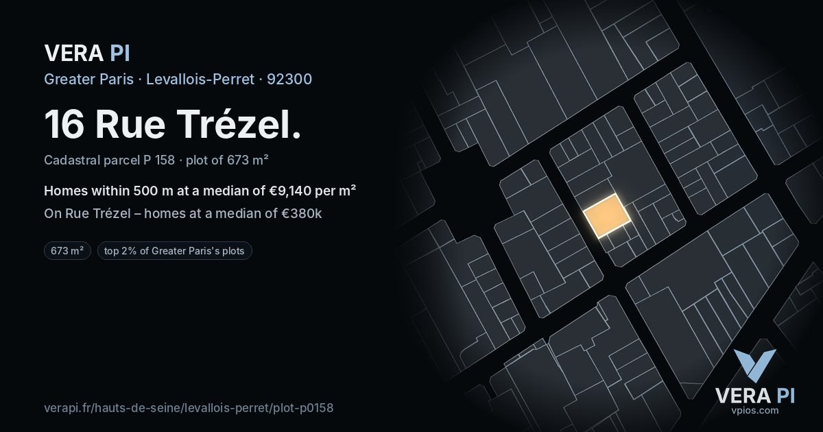 16 Rue Trézel, Levallois-Perret at night – the plot lit, the parcels around coloured by the prices near them