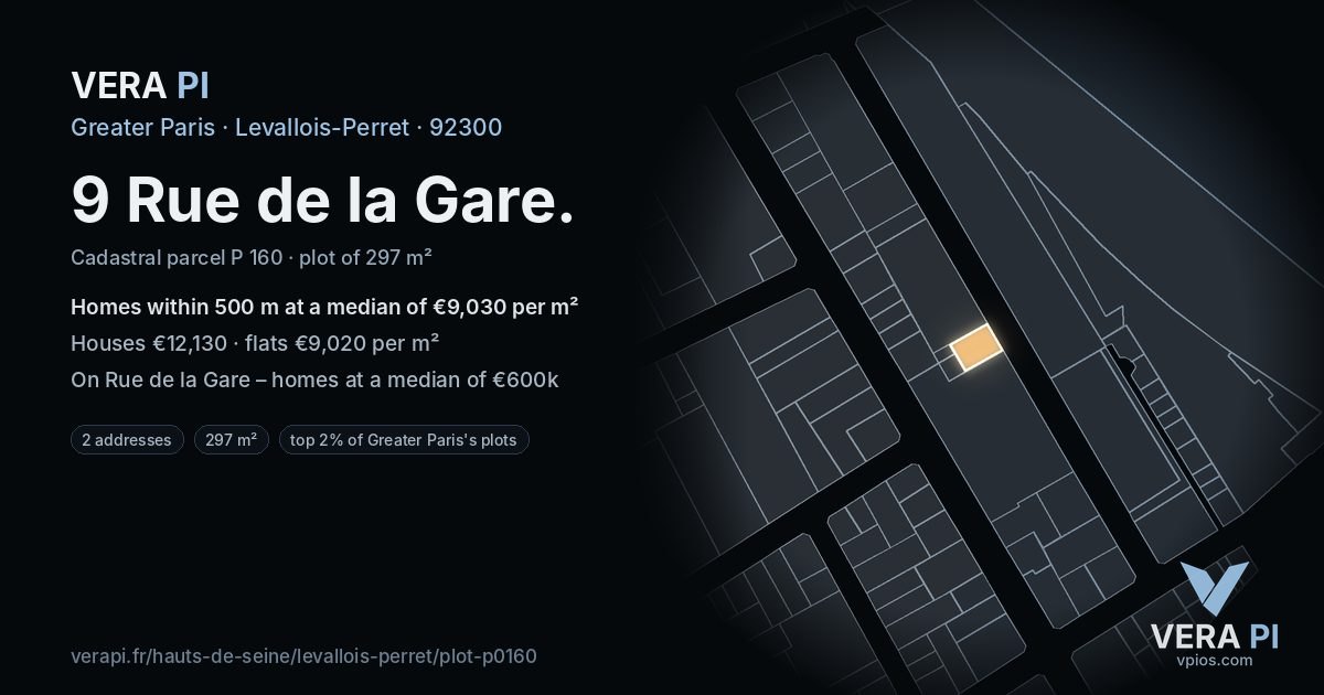 9 Rue de la Gare, Levallois-Perret at night – the plot lit, the parcels around coloured by the prices near them