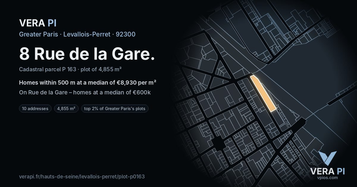 8 Rue de la Gare, Levallois-Perret at night – the plot lit, the parcels around coloured by the prices near them
