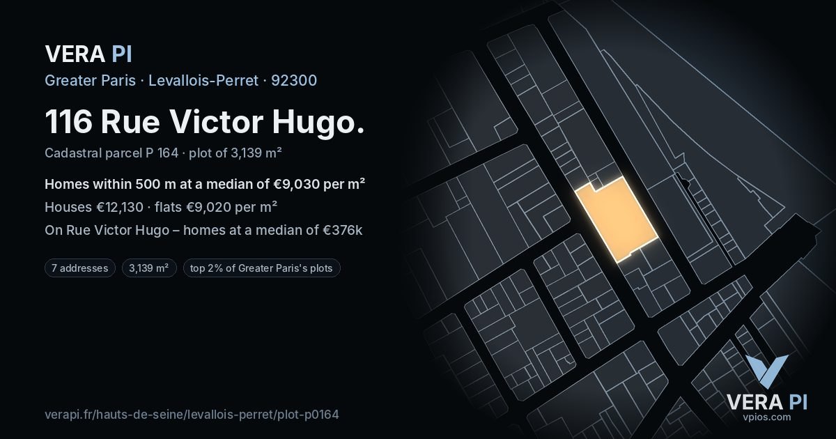 116 Rue Victor Hugo, Levallois-Perret at night – the plot lit, the parcels around coloured by the prices near them