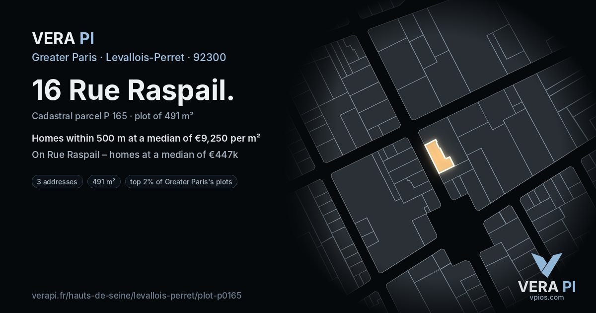 16 Rue Raspail, Levallois-Perret at night – the plot lit, the parcels around coloured by the prices near them
