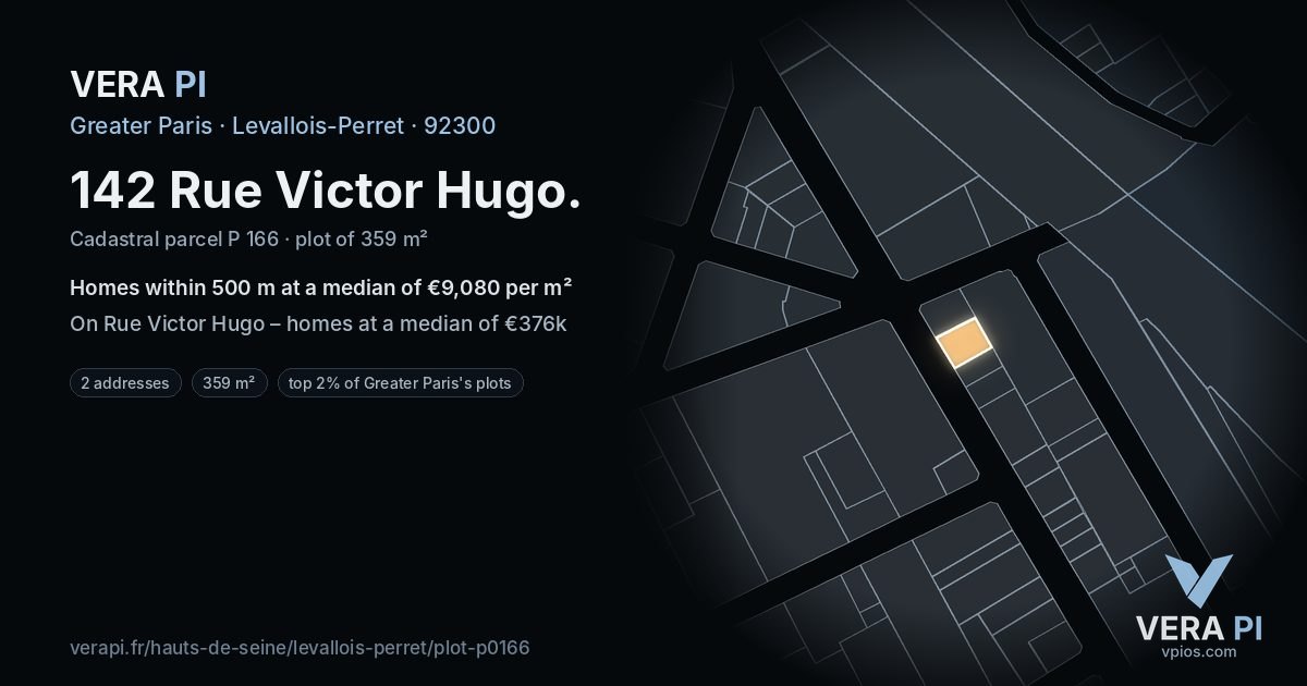 142 Rue Victor Hugo, Levallois-Perret at night – the plot lit, the parcels around coloured by the prices near them