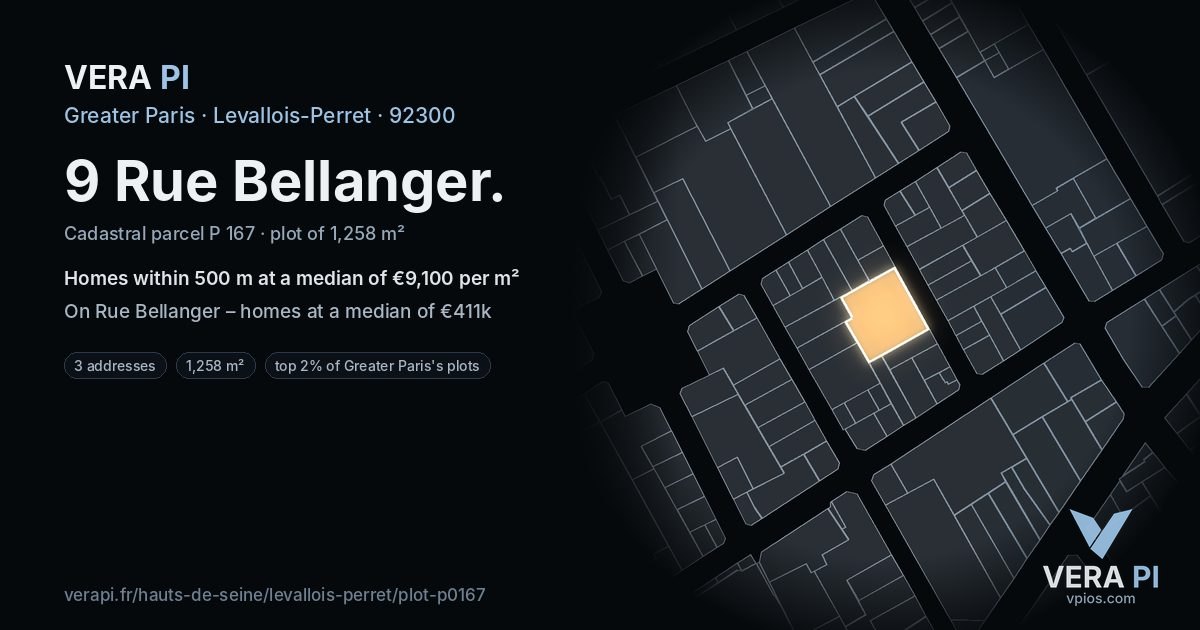 9 Rue Bellanger, Levallois-Perret at night – the plot lit, the parcels around coloured by the prices near them