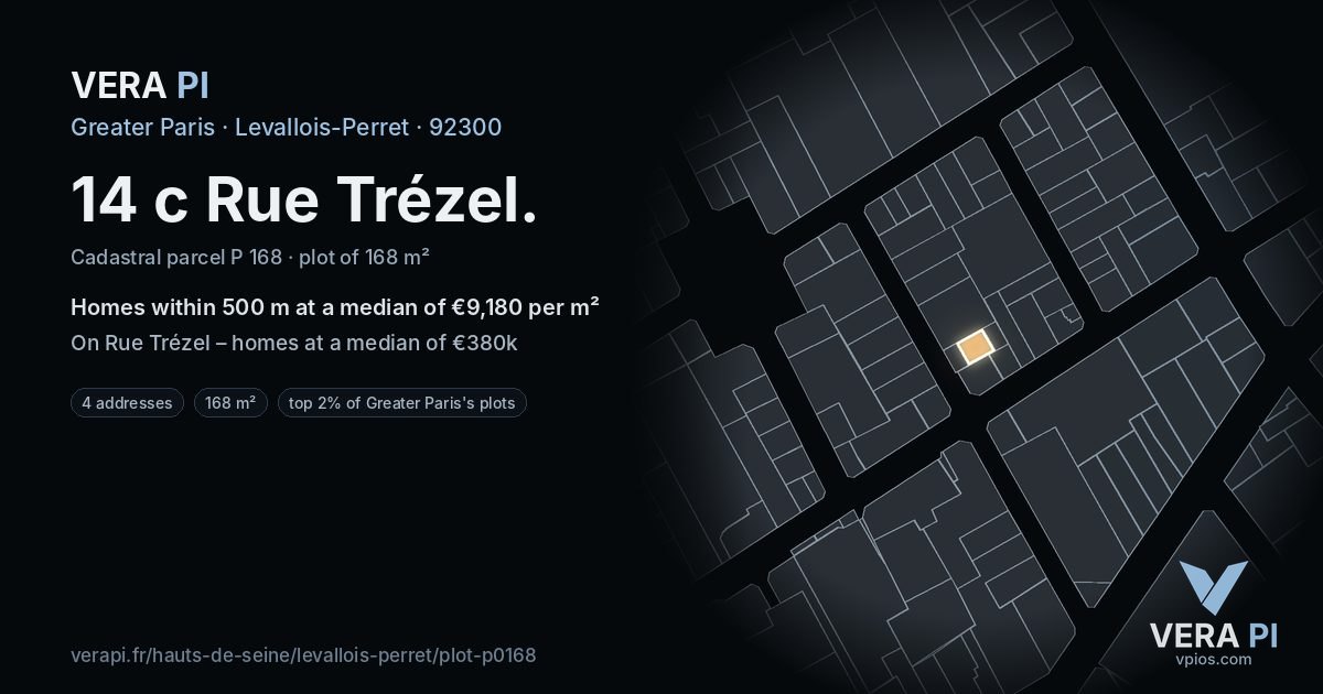 14 c Rue Trézel, Levallois-Perret at night – the plot lit, the parcels around coloured by the prices near them