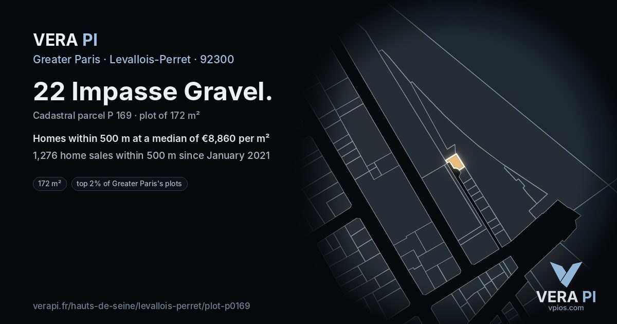 22 Impasse Gravel, Levallois-Perret at night – the plot lit, the parcels around coloured by the prices near them