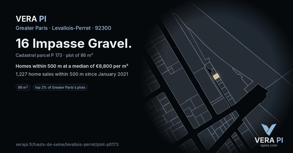 16 Impasse Gravel, Levallois-Perret at night – the plot lit, the parcels around coloured by the prices near them