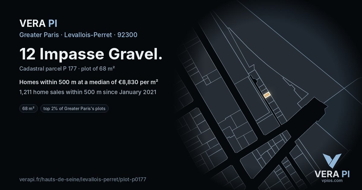 12 Impasse Gravel, Levallois-Perret at night – the plot lit, the parcels around coloured by the prices near them