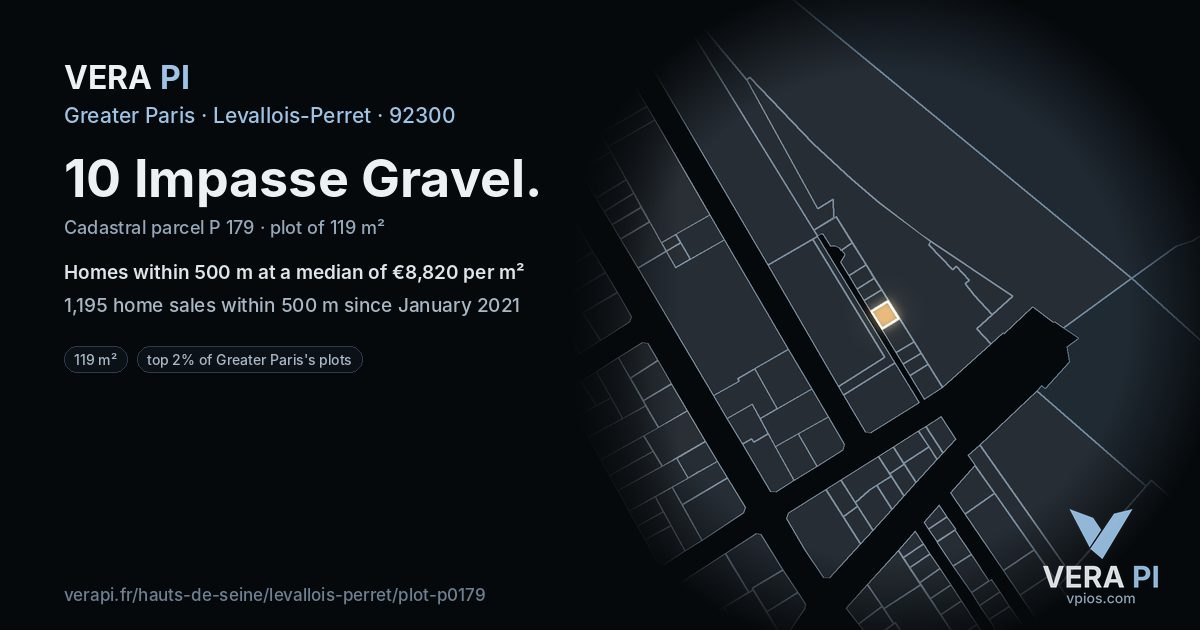 10 Impasse Gravel, Levallois-Perret at night – the plot lit, the parcels around coloured by the prices near them
