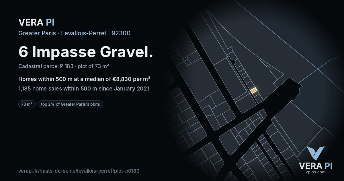 6 Impasse Gravel, Levallois-Perret at night – the plot lit, the parcels around coloured by the prices near them