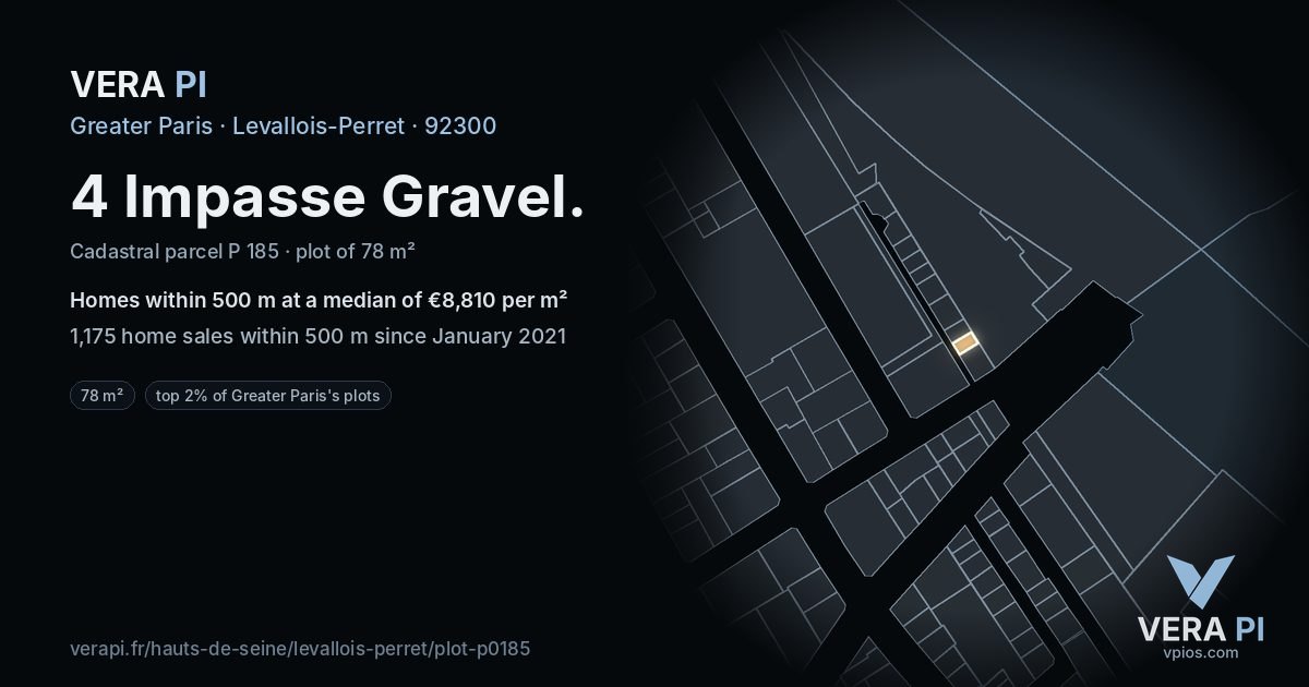 4 Impasse Gravel, Levallois-Perret at night – the plot lit, the parcels around coloured by the prices near them