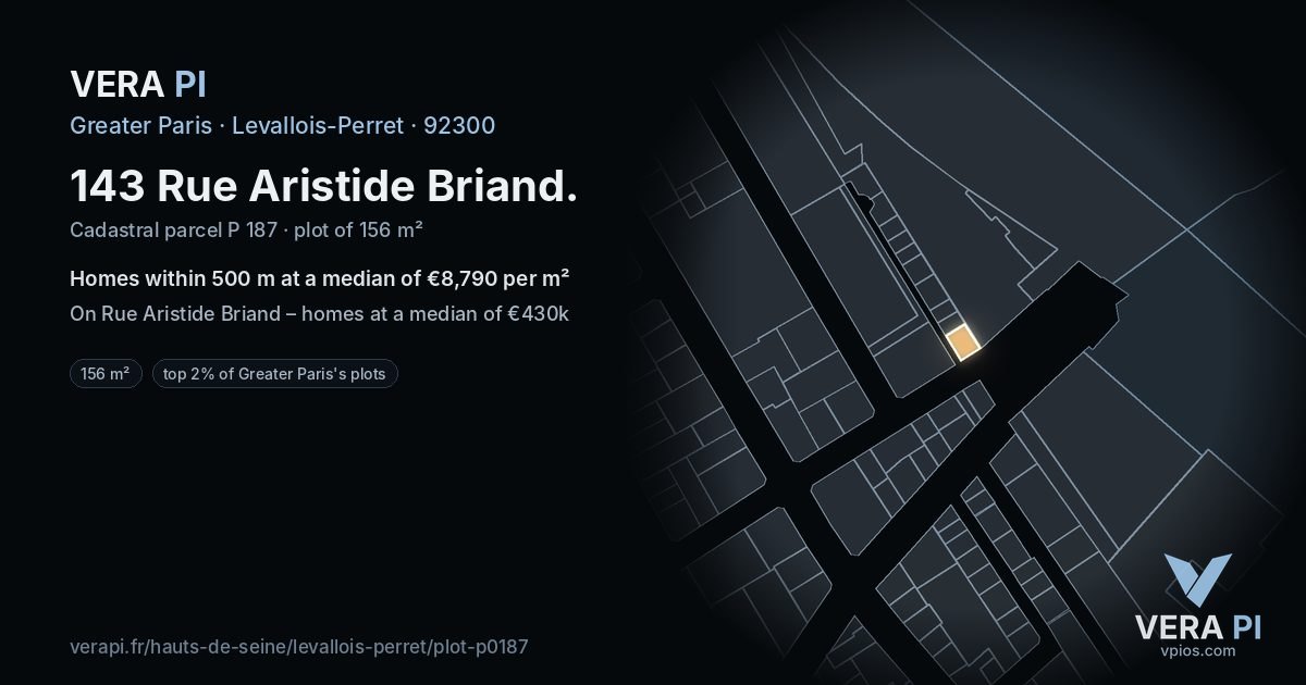 143 Rue Aristide Briand, Levallois-Perret at night – the plot lit, the parcels around coloured by the prices near them