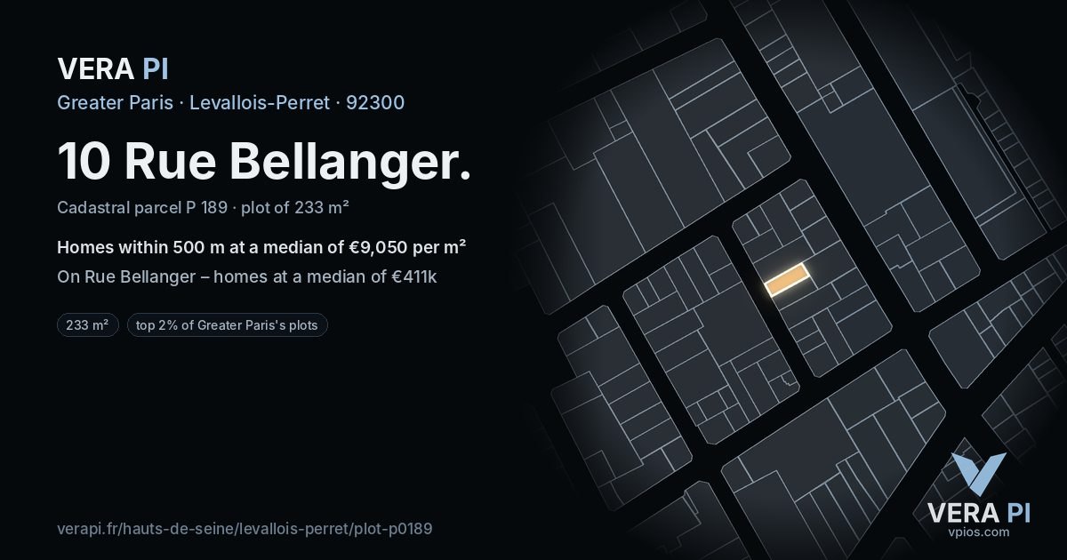 10 Rue Bellanger, Levallois-Perret at night – the plot lit, the parcels around coloured by the prices near them