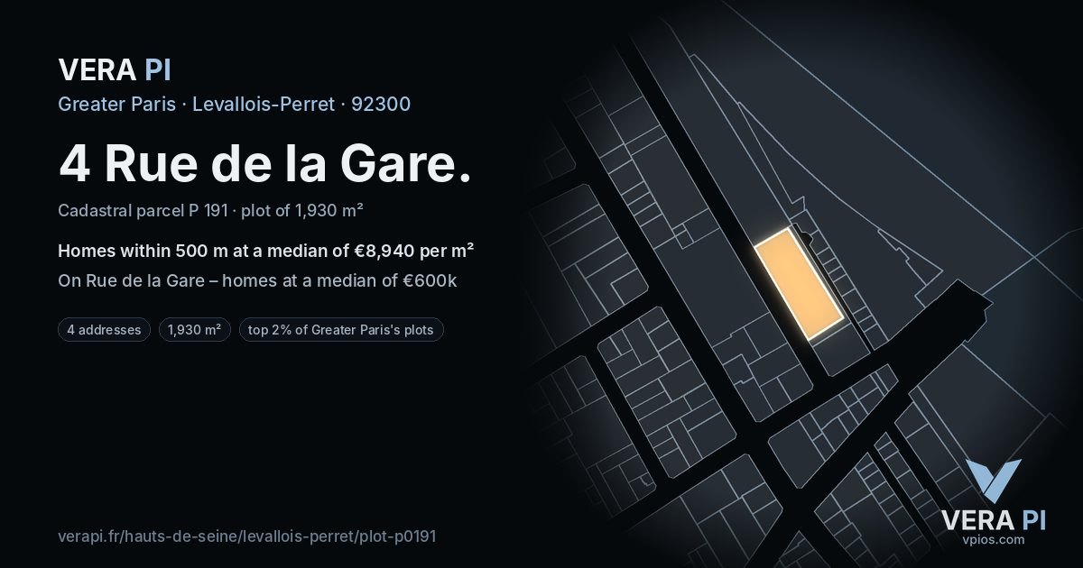 4 Rue de la Gare, Levallois-Perret at night – the plot lit, the parcels around coloured by the prices near them
