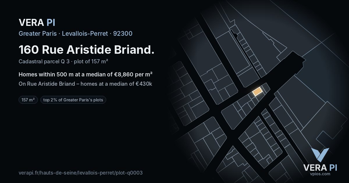 160 Rue Aristide Briand, Levallois-Perret at night – the plot lit, the parcels around coloured by the prices near them