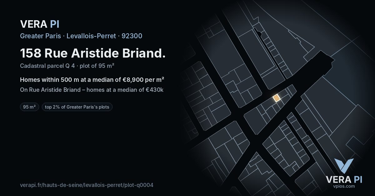 158 Rue Aristide Briand, Levallois-Perret at night – the plot lit, the parcels around coloured by the prices near them