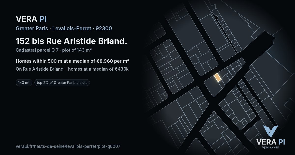 152 bis Rue Aristide Briand, Levallois-Perret at night – the plot lit, the parcels around coloured by the prices near them
