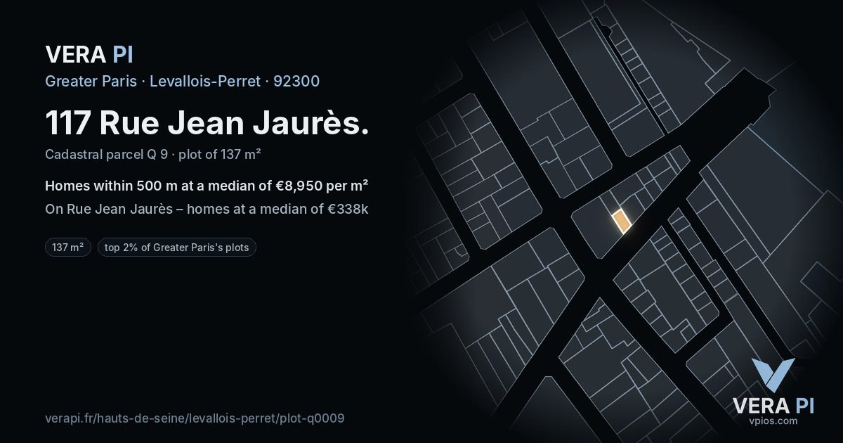 117 Rue Jean Jaurès, Levallois-Perret at night – the plot lit, the parcels around coloured by the prices near them