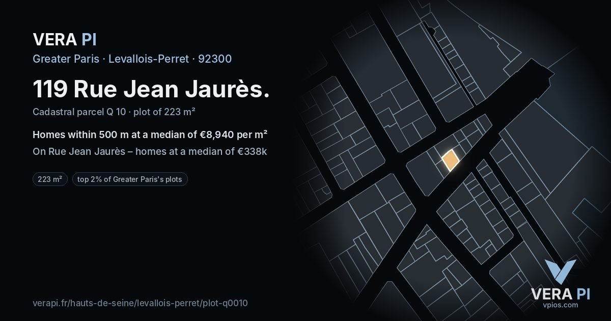 119 Rue Jean Jaurès, Levallois-Perret at night – the plot lit, the parcels around coloured by the prices near them