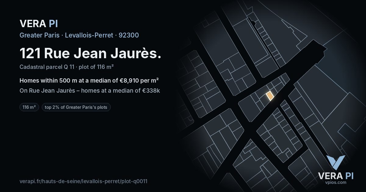 121 Rue Jean Jaurès, Levallois-Perret at night – the plot lit, the parcels around coloured by the prices near them