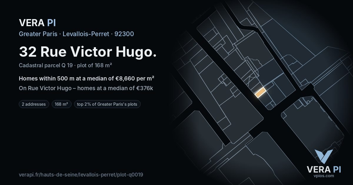 32 Rue Victor Hugo, Levallois-Perret at night – the plot lit, the parcels around coloured by the prices near them