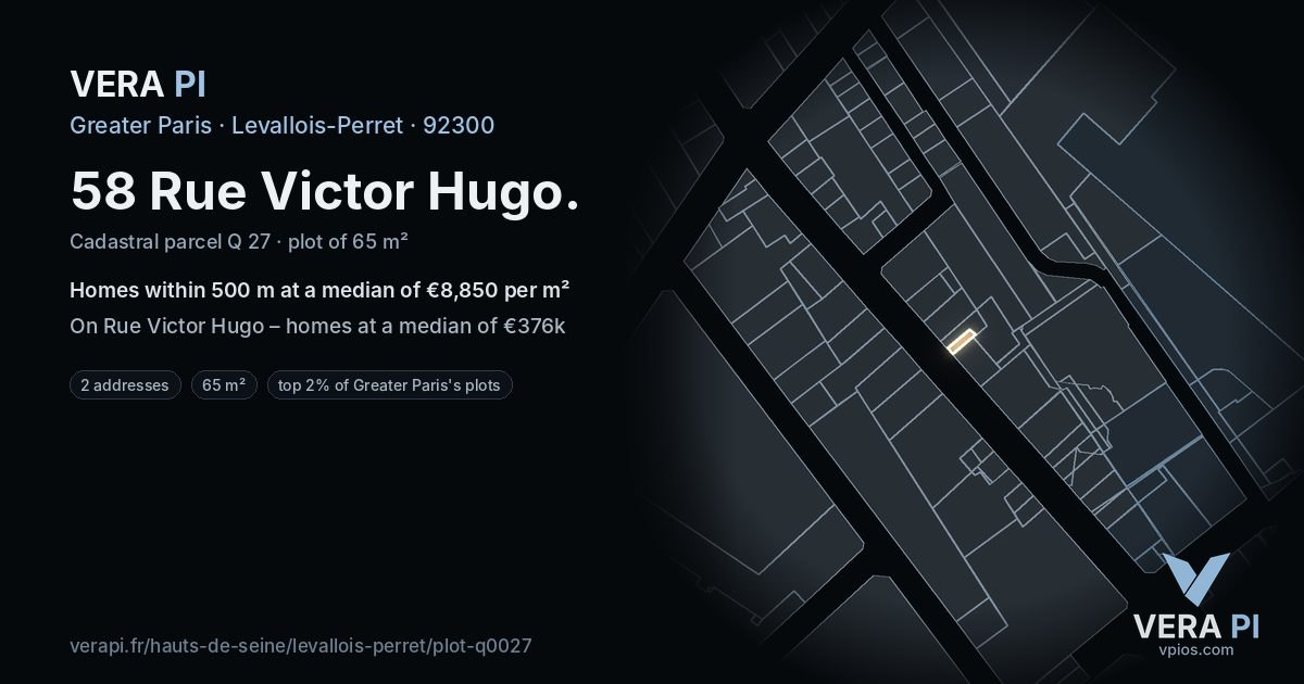 58 Rue Victor Hugo, Levallois-Perret at night – the plot lit, the parcels around coloured by the prices near them