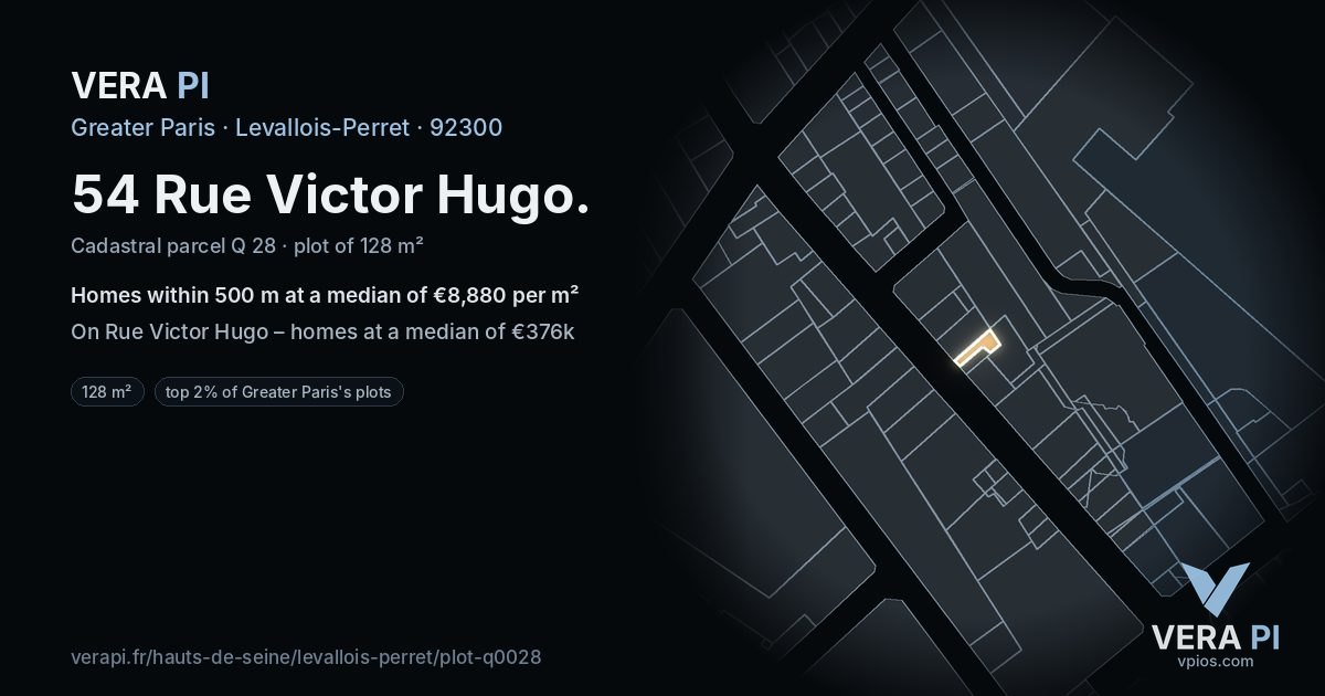 54 Rue Victor Hugo, Levallois-Perret at night – the plot lit, the parcels around coloured by the prices near them